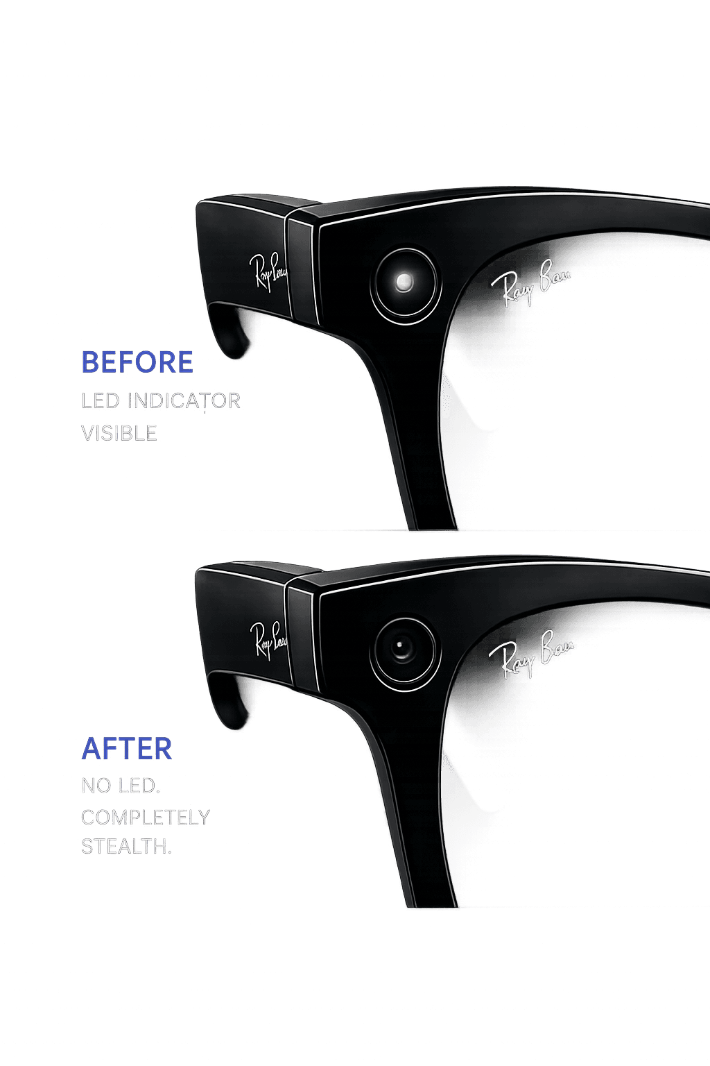 before and after: meta ray-ban smart glasses with the recording led visible vs. removed